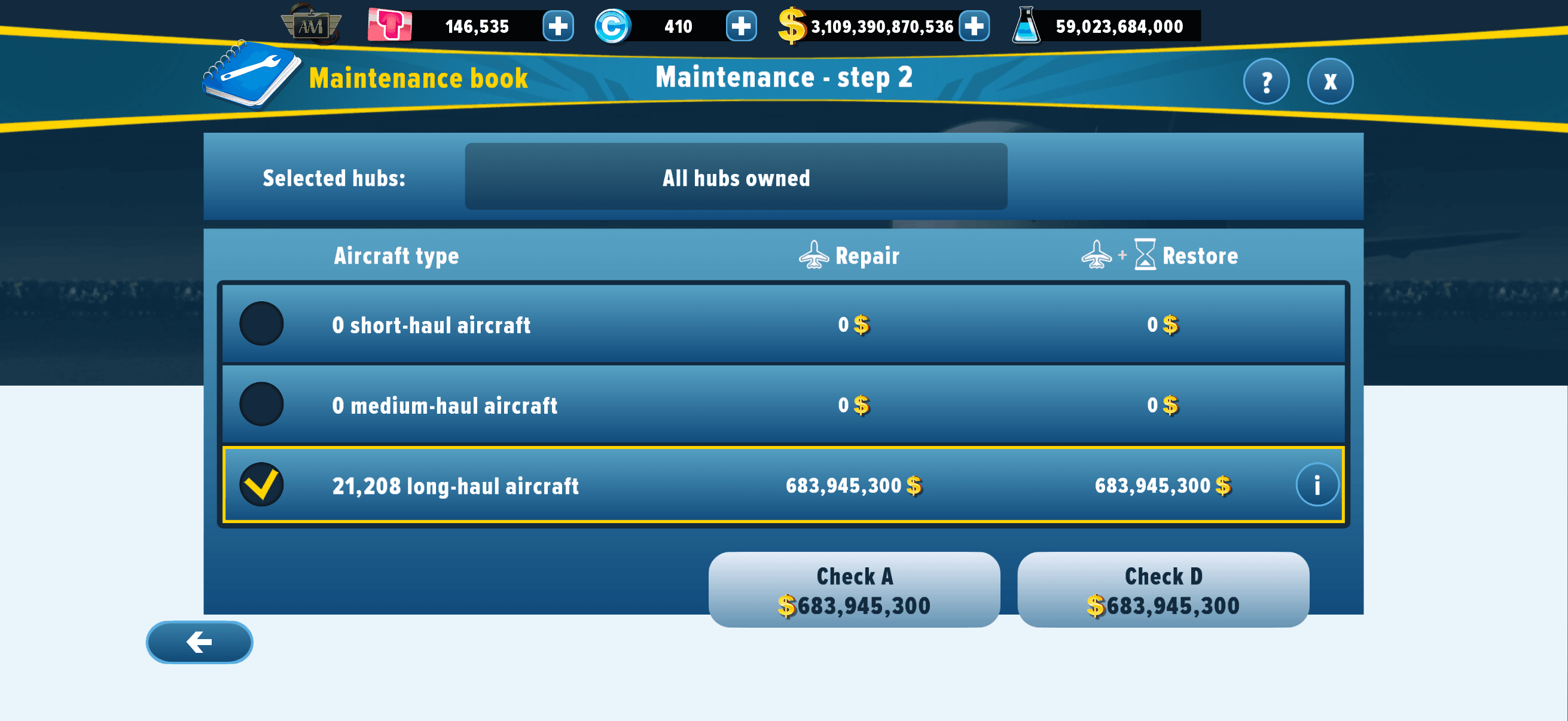 Maintenance book showing 21,208 long-haul aircraft due for repair and restore checks