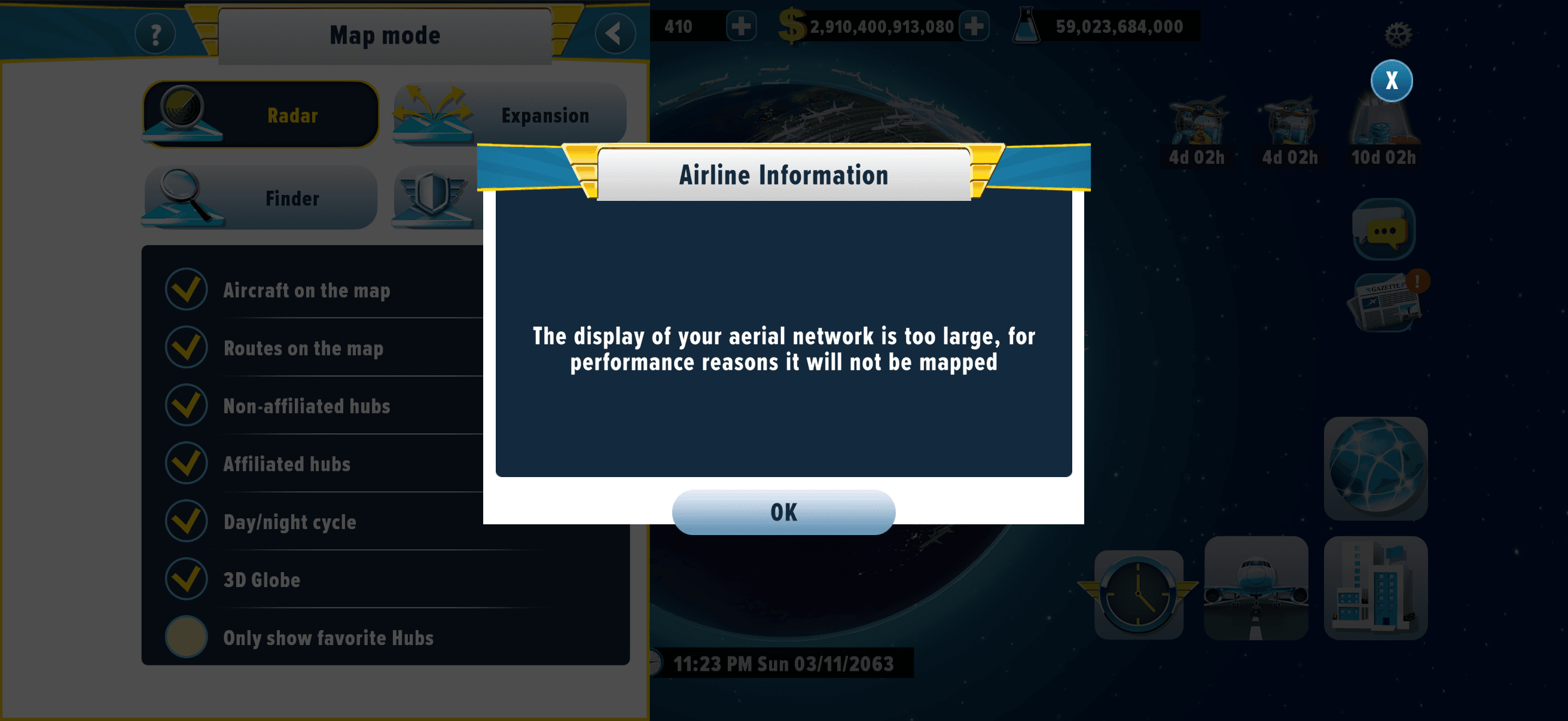 In-game error: the display of your aerial network is too large, for performance reasons it will not be mapped